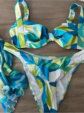 Jessica Simpson Blue Green Leaf-Print Bikini with Cover Up - 3 Piece Set